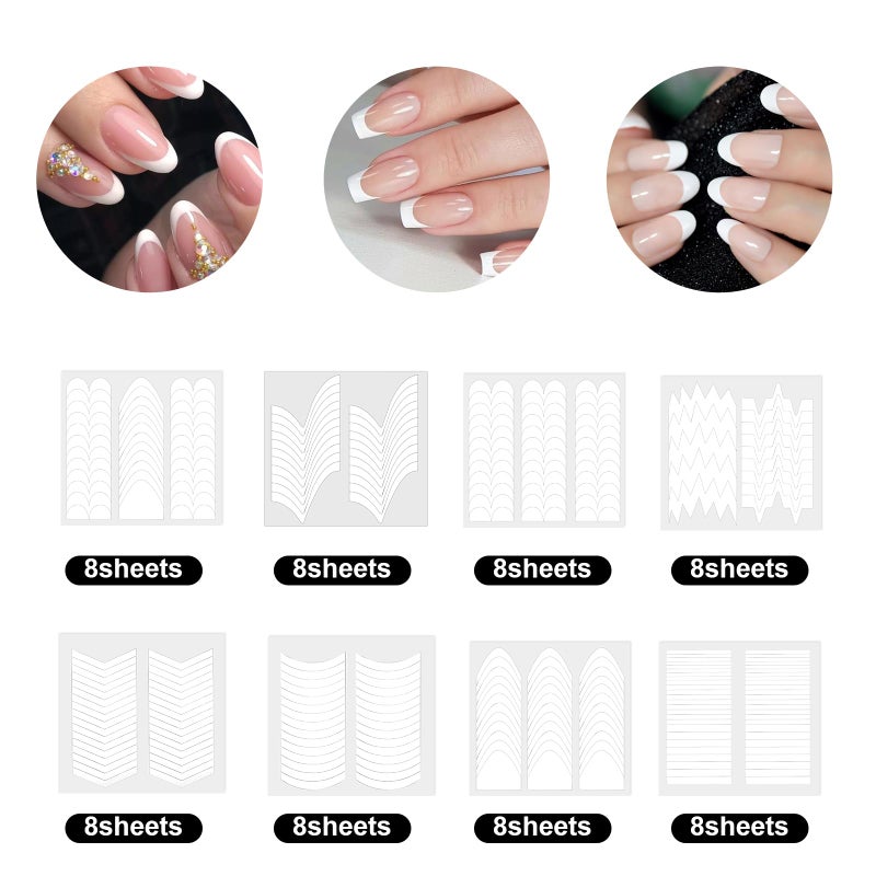 Hariendny 64 Sheets French Tip Nail Guides French Tip Nail Art Stickers Wave Lines Self-Adhesive Manicure Strips Stickers Tape for Manicure Edge Auxiliary DIY Decor Stencil Set(11 Designs) - Image 3